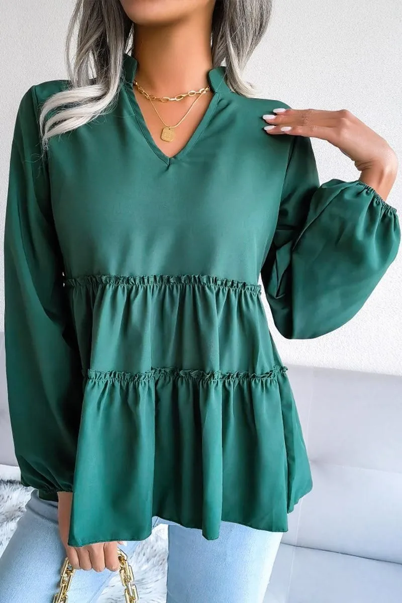 LANTERN LONG SLEEVE RUFFLED CHIFFON TUNIC TOP