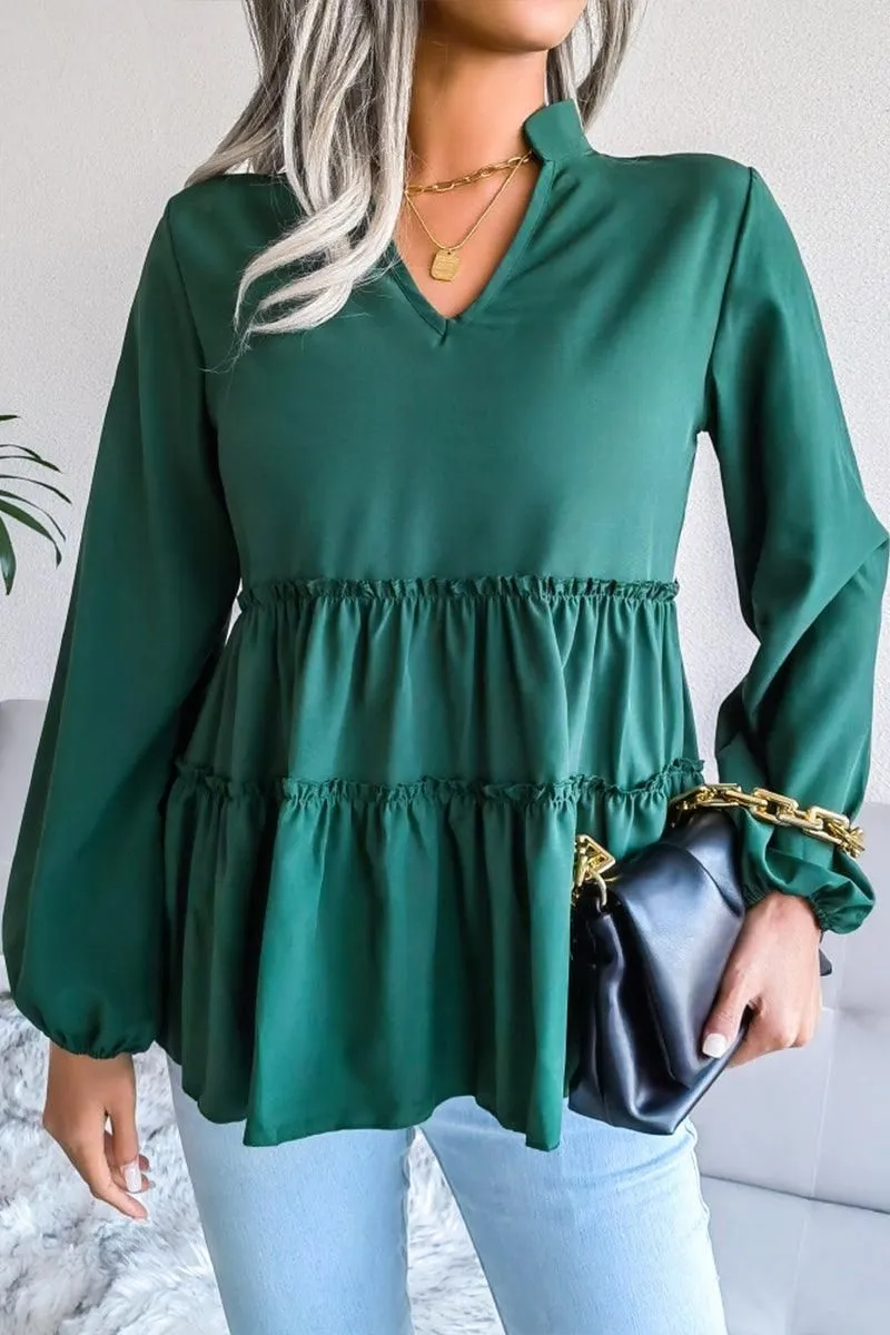 LANTERN LONG SLEEVE RUFFLED CHIFFON TUNIC TOP