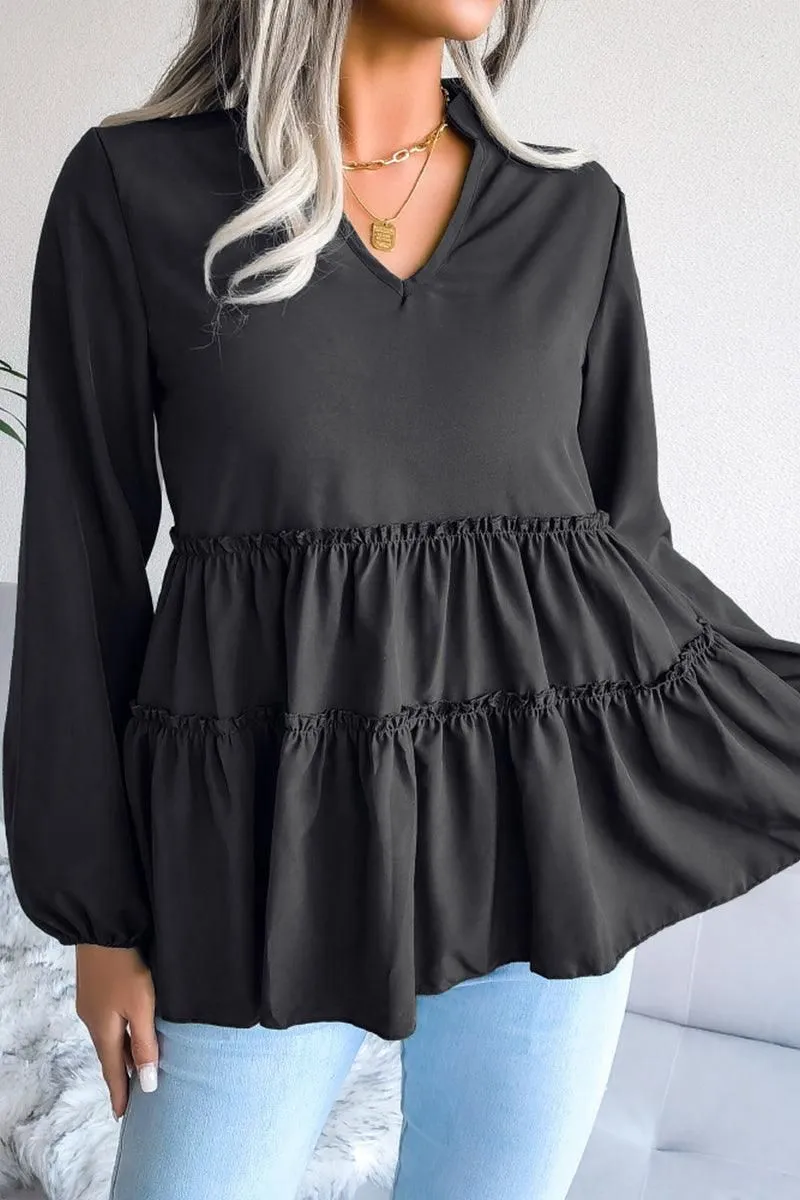LANTERN LONG SLEEVE RUFFLED CHIFFON TUNIC TOP