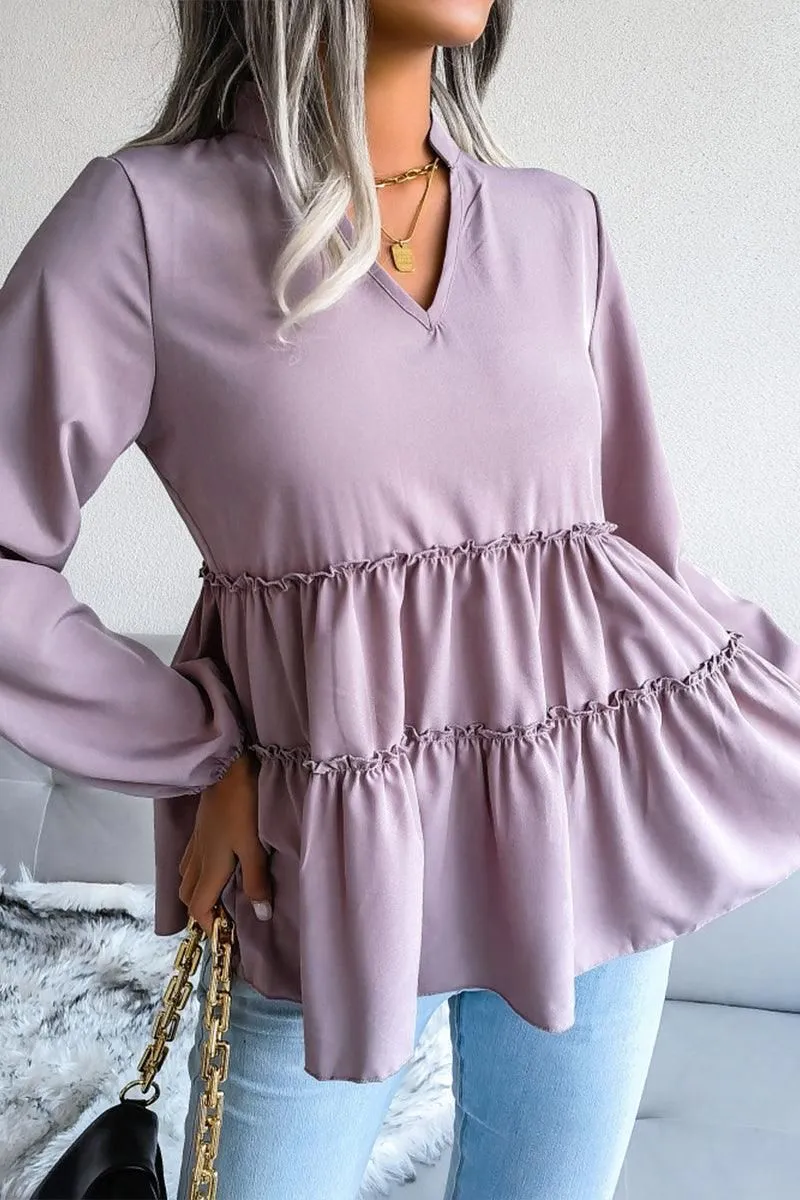 LANTERN LONG SLEEVE RUFFLED CHIFFON TUNIC TOP
