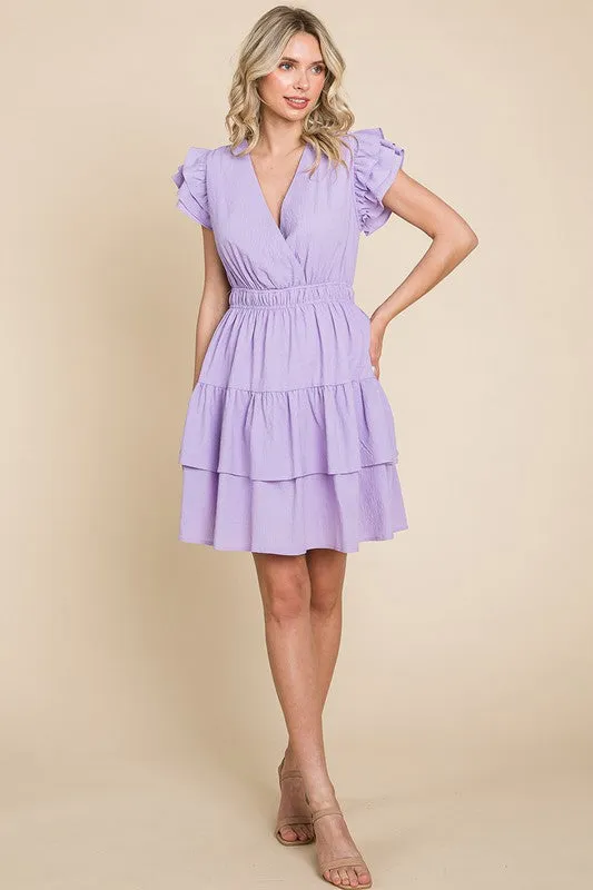 Lavender Ruffled Waistband V Neck Tiered Wrap Dress
