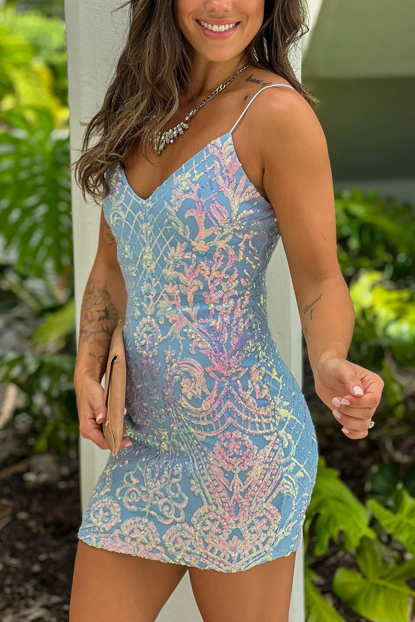 Light Blue Sequined Short Dress