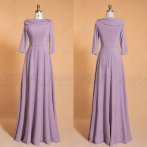 Light wisteria modest bridesmaid dresses with sleeves