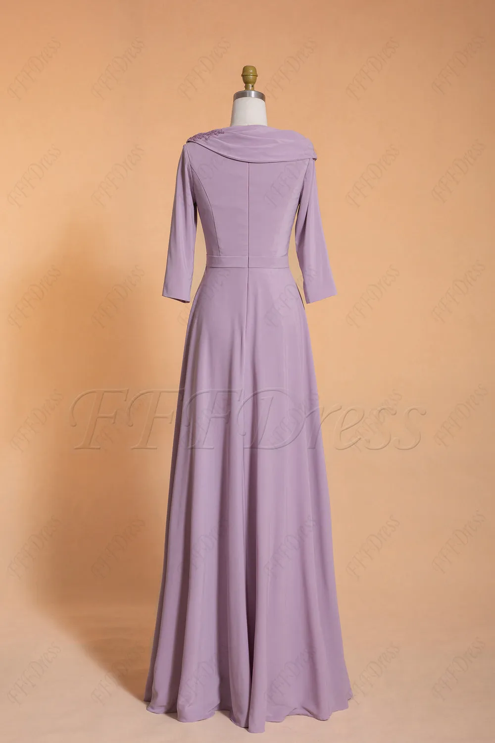 Light wisteria modest bridesmaid dresses with sleeves