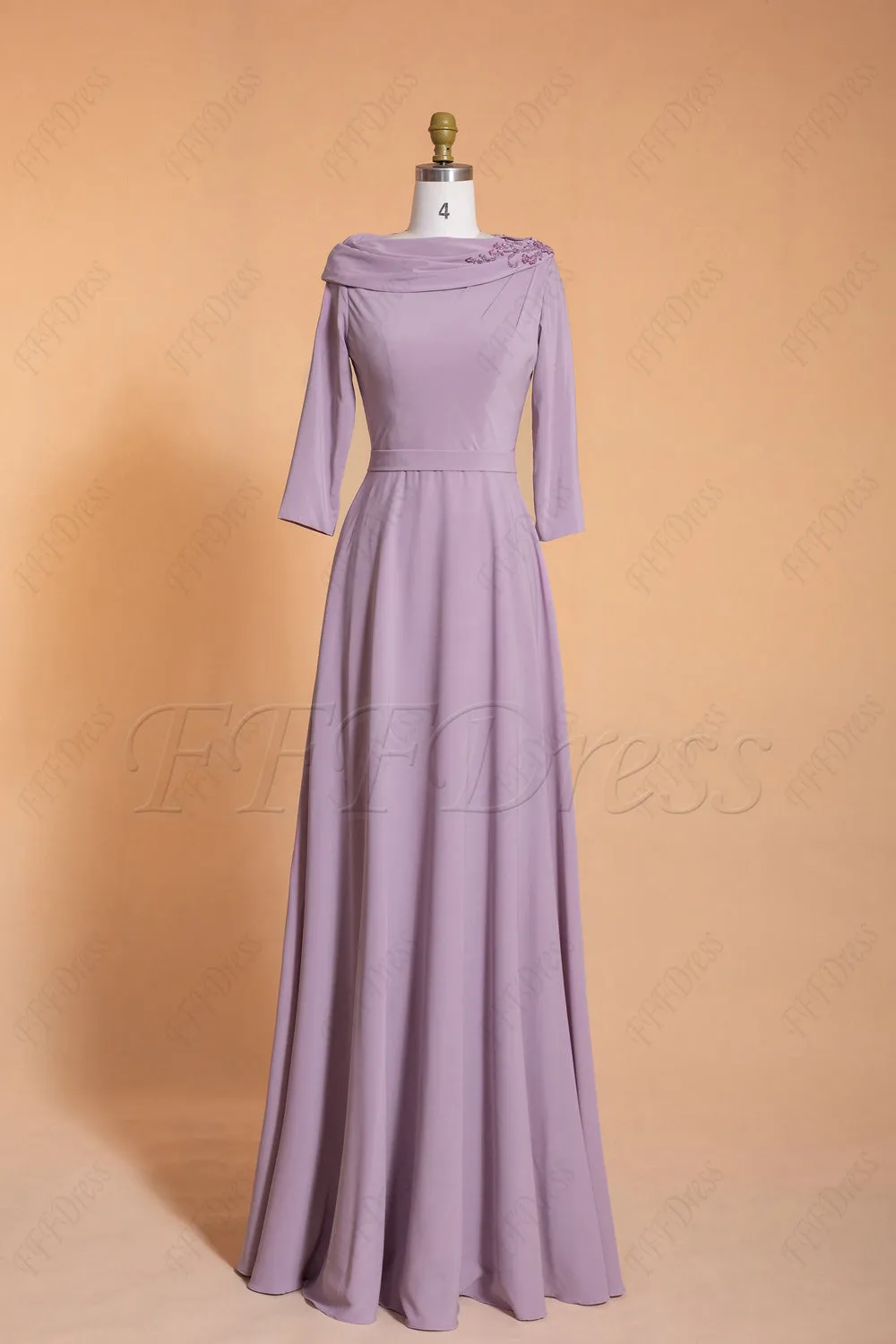 Light wisteria modest bridesmaid dresses with sleeves