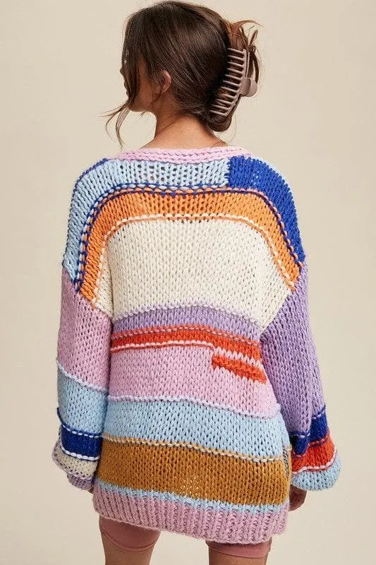 LISTICLE Hand Knit Multi Striped Cardigan
