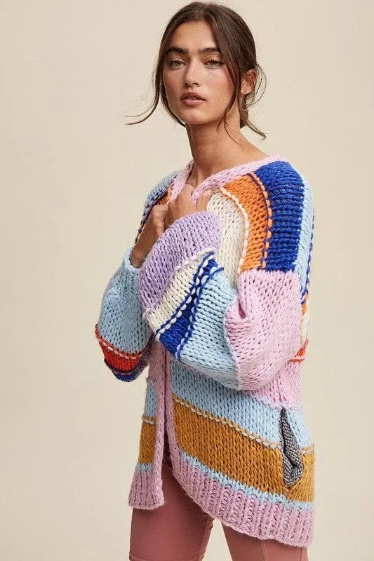 LISTICLE Hand Knit Multi Striped Cardigan