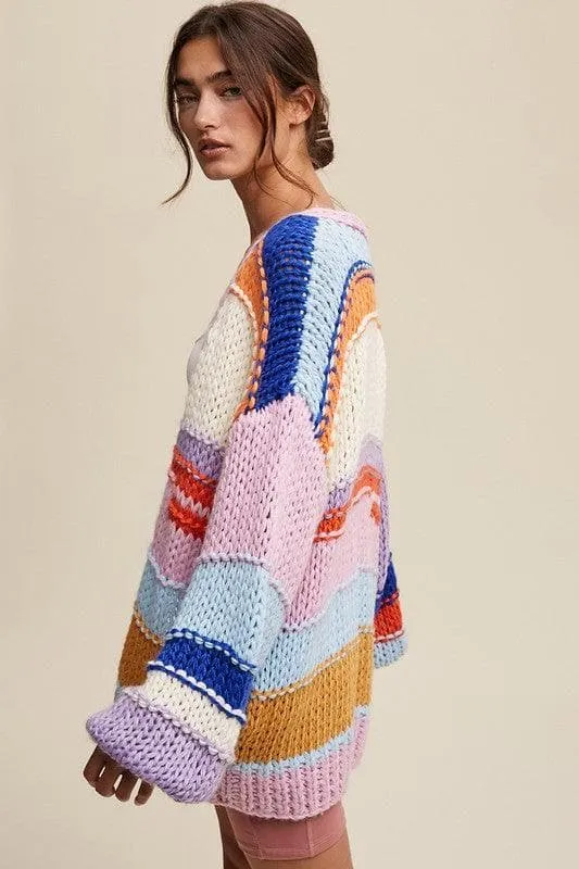 LISTICLE Hand Knit Multi Striped Cardigan