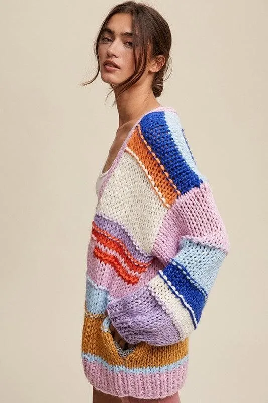 LISTICLE Hand Knit Multi Striped Cardigan