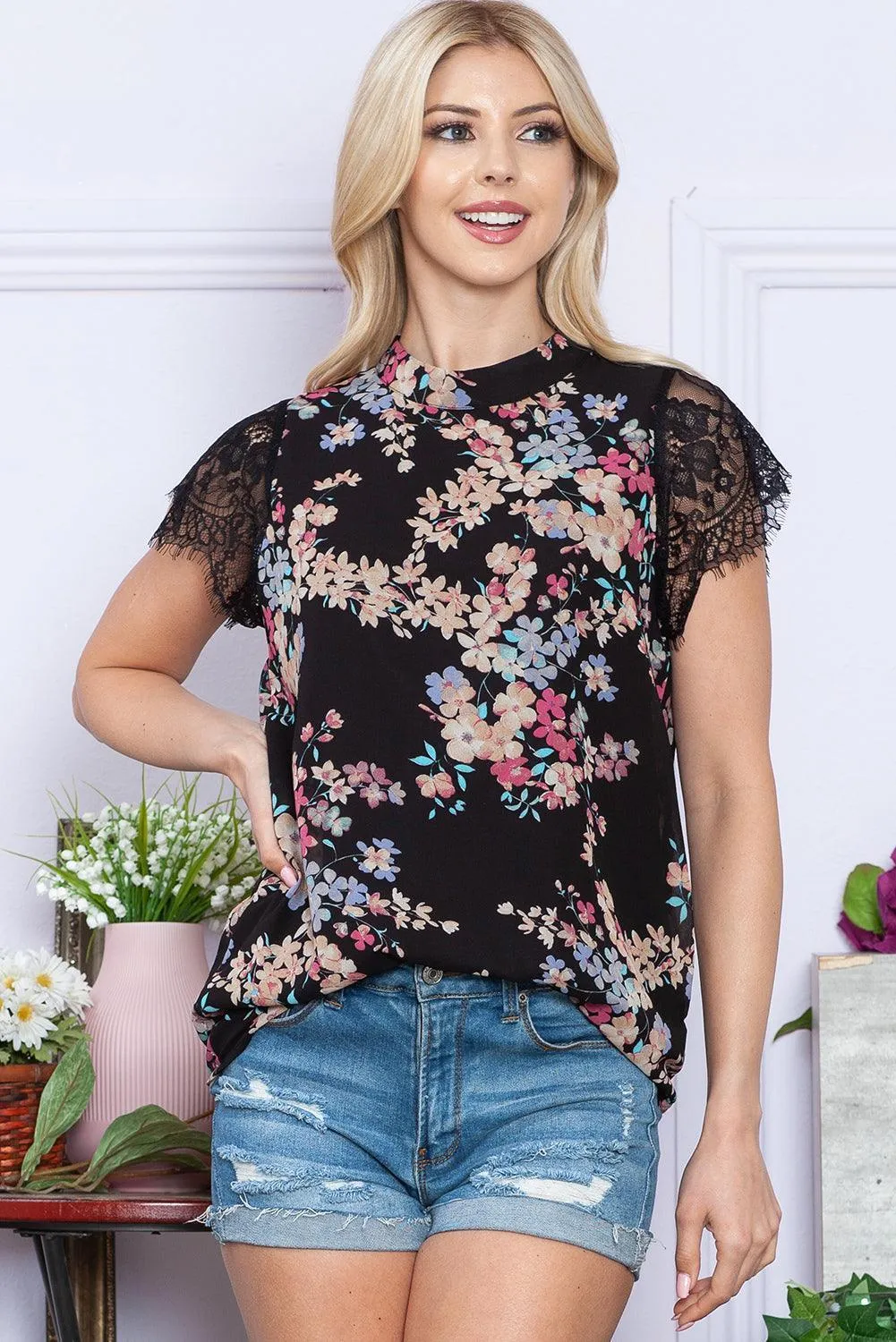 Love Her Floral Mock Neck Lace Short Sleeve Top