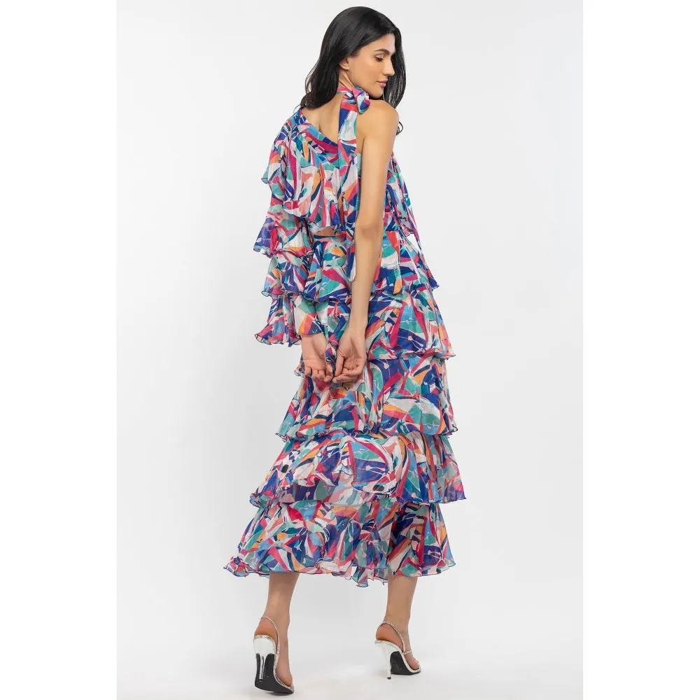 MANDIRA WIRK Chiffon Printed Layered Dress Blue
