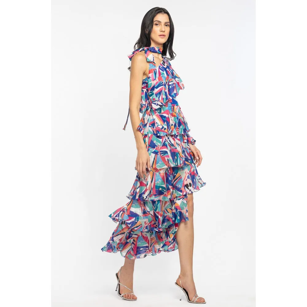MANDIRA WIRK Chiffon Printed Layered Dress Blue