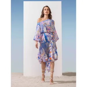 MANDIRA WIRK Off Shoulder Dress with Asymmetric Hem