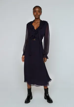 Margot Ruffle Neck Midi Dress In Navy