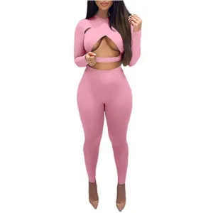 MB FASHION Cutout Long-Sleeve Crop Top and High-Waist Leggings Jumpsuit 6399R