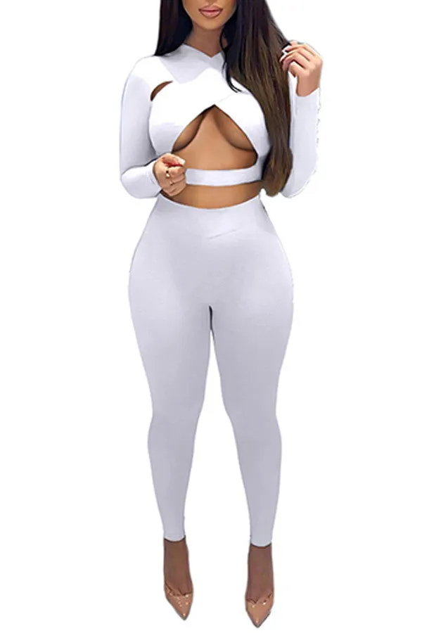MB FASHION Cutout Long-Sleeve Crop Top and High-Waist Leggings Jumpsuit 6399R