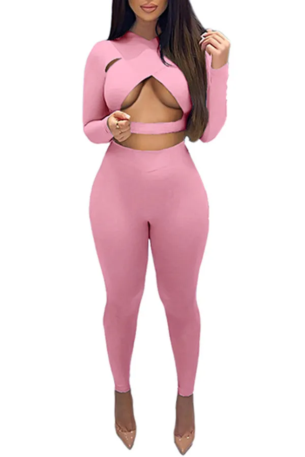 MB FASHION Cutout Long-Sleeve Crop Top and High-Waist Leggings Jumpsuit 6399R