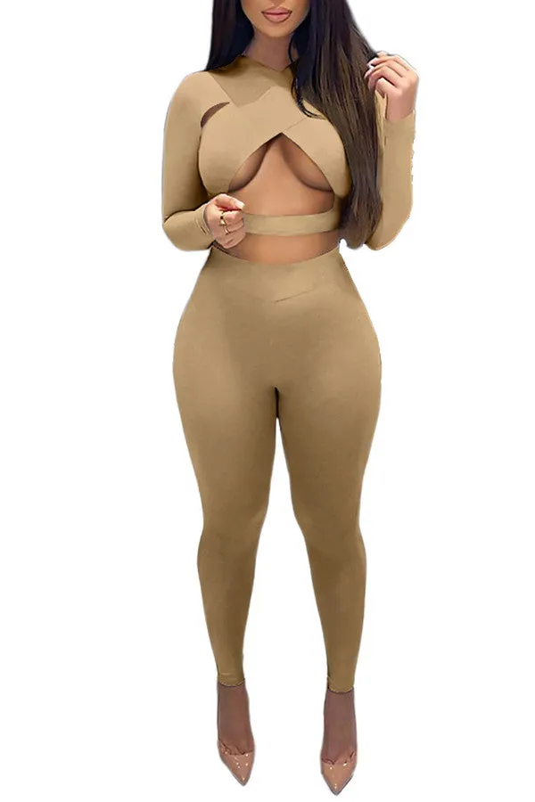 MB FASHION Cutout Long-Sleeve Crop Top and High-Waist Leggings Jumpsuit 6399R