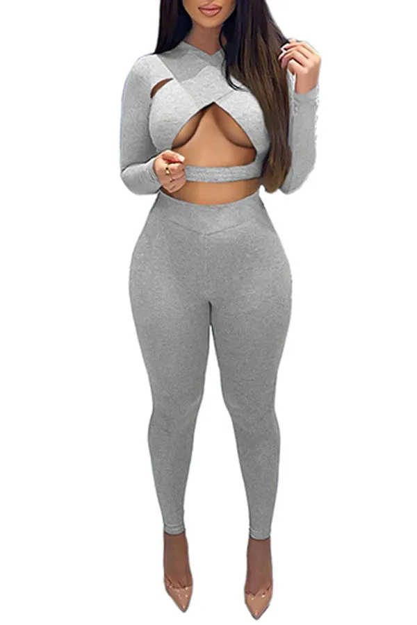 MB FASHION Cutout Long-Sleeve Crop Top and High-Waist Leggings Jumpsuit 6399R