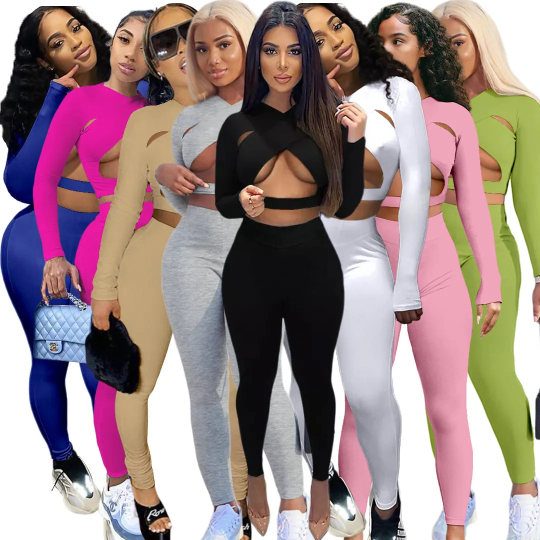 MB FASHION Cutout Long-Sleeve Crop Top and High-Waist Leggings Jumpsuit 6399R