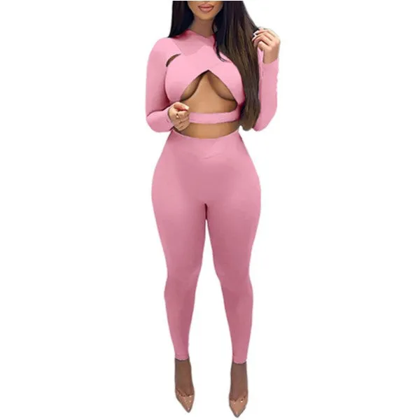 MB FASHION Cutout Long-Sleeve Crop Top and High-Waist Leggings Jumpsuit 6399R