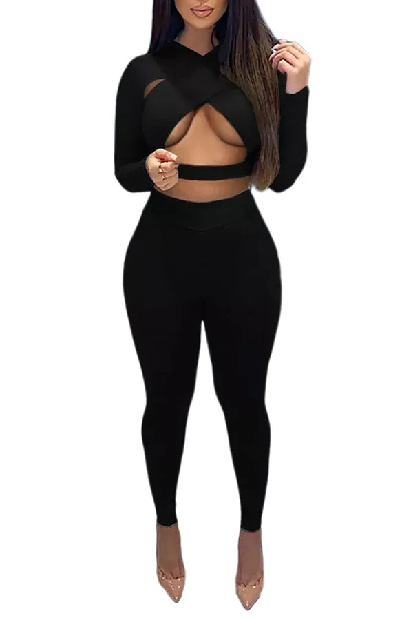 MB FASHION Cutout Long-Sleeve Crop Top and High-Waist Leggings Jumpsuit 6399R