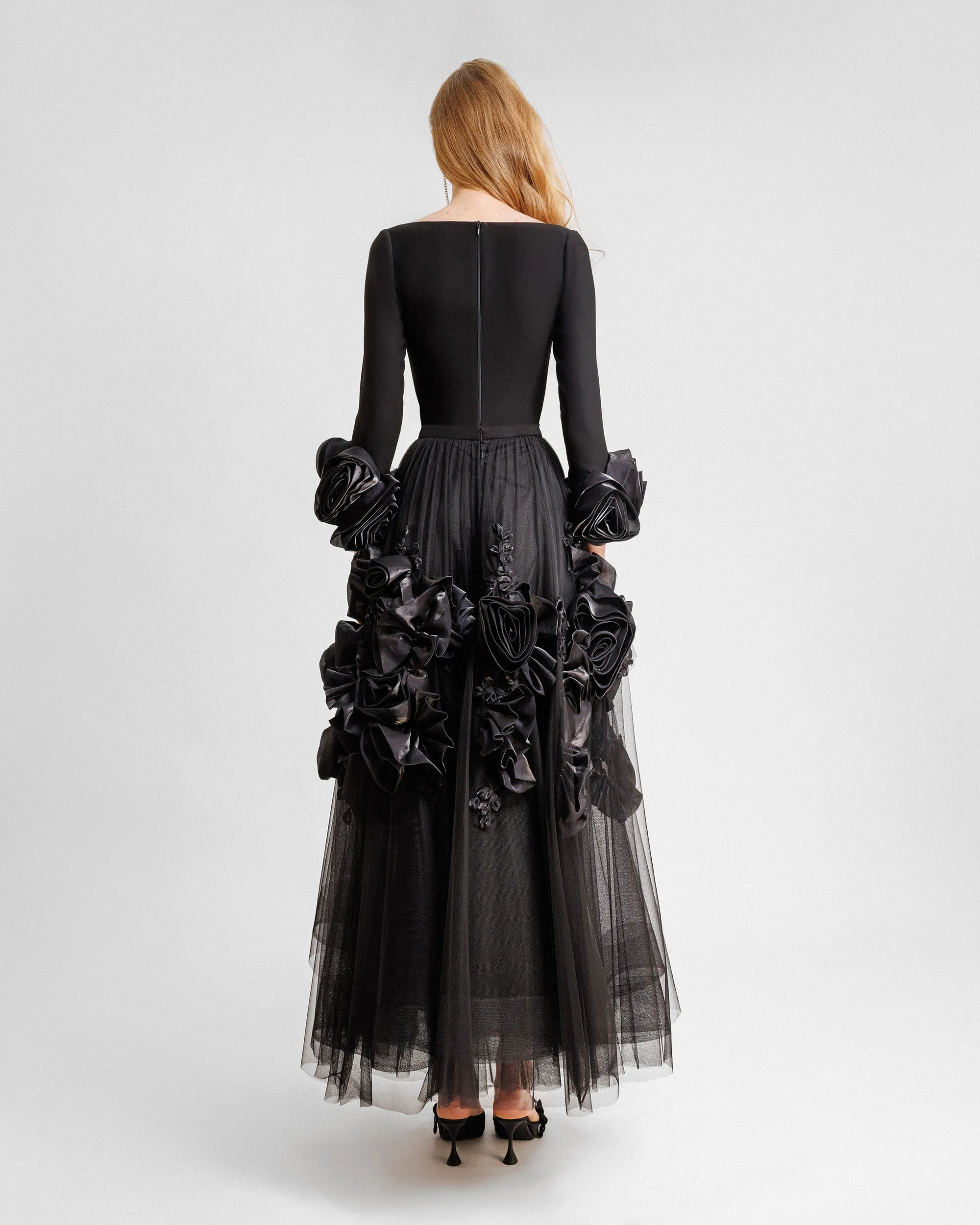 Midi Tulle Dress With Floral Cuffs