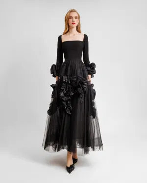 Midi Tulle Dress With Floral Cuffs