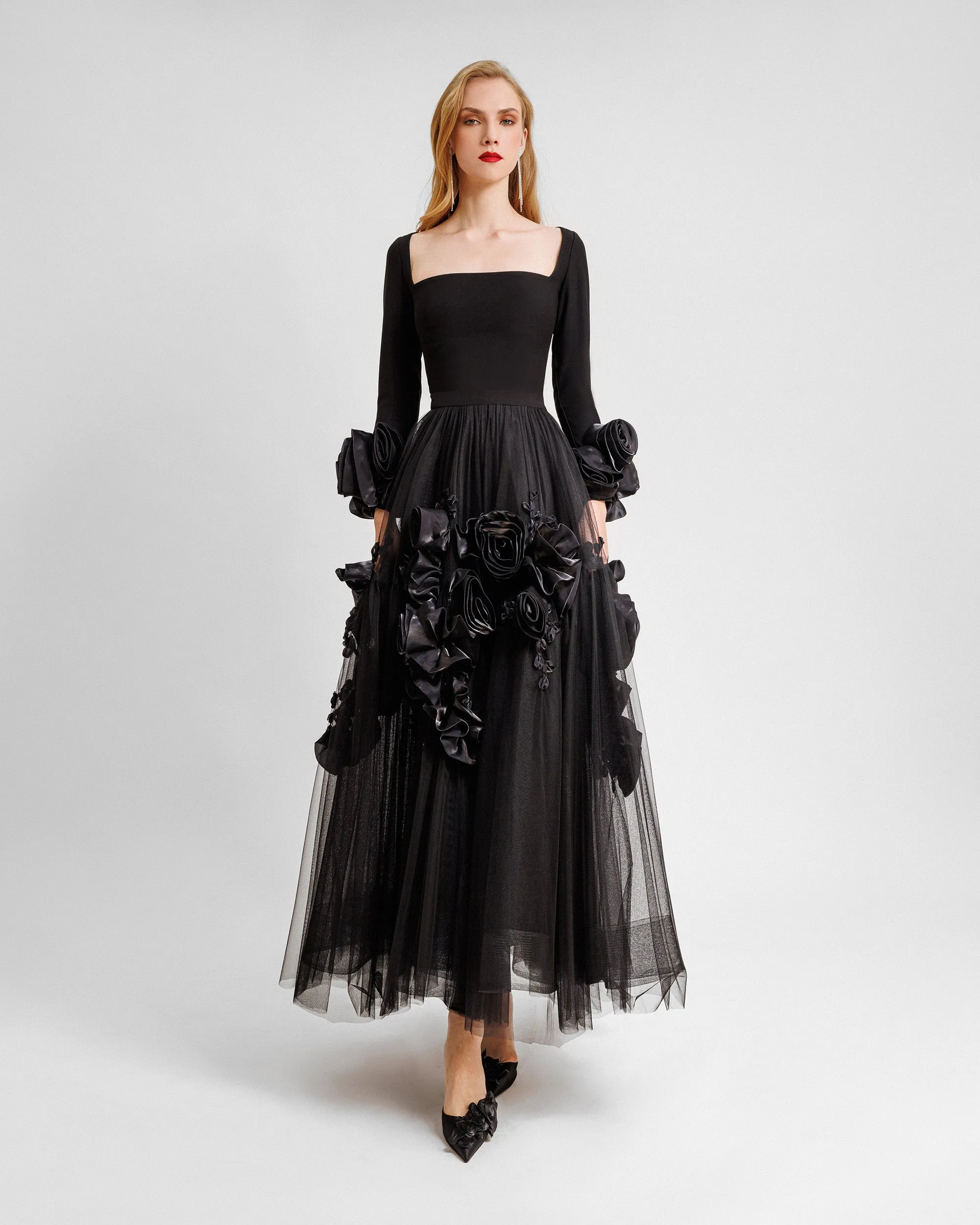 Midi Tulle Dress With Floral Cuffs