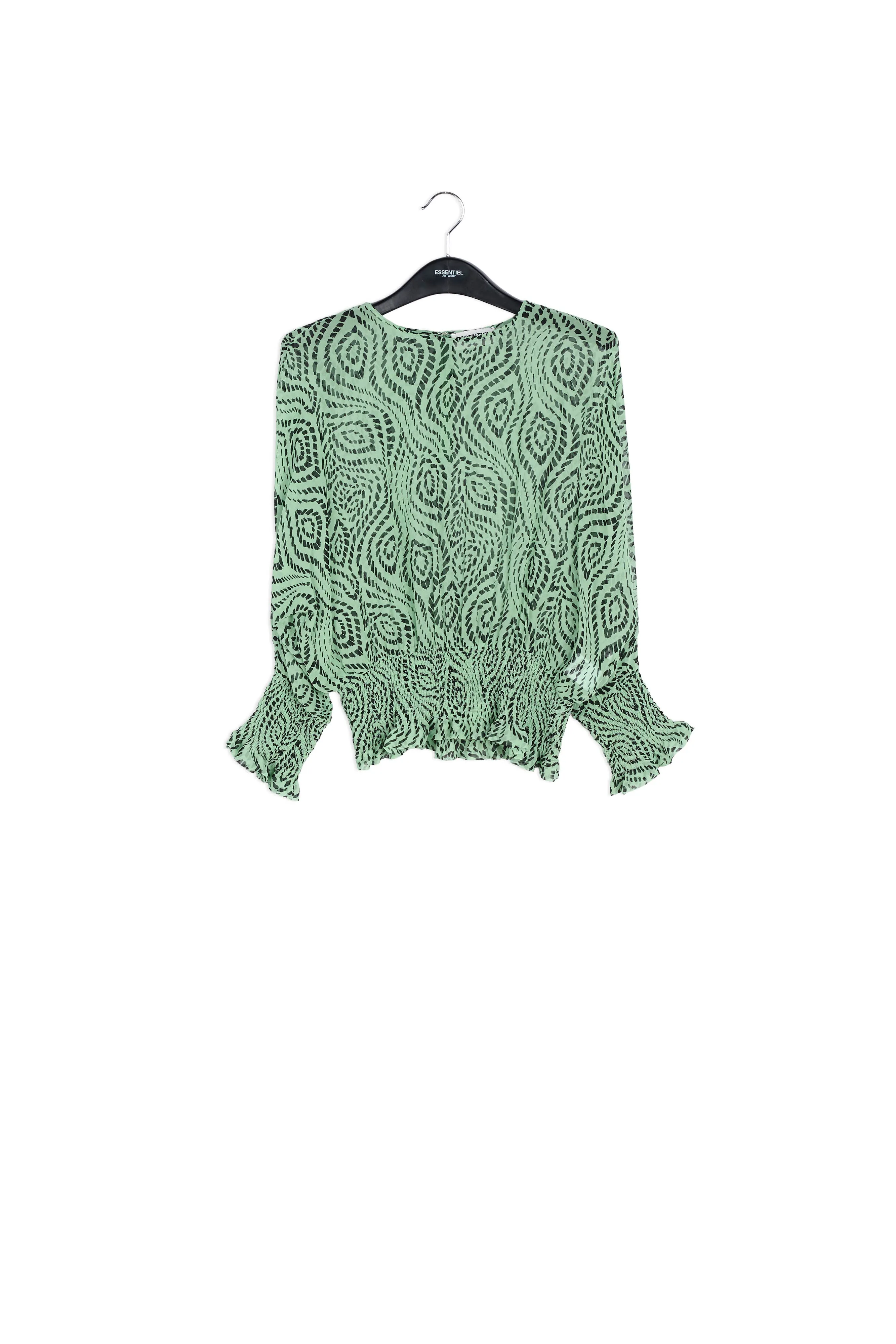 Mint green smocked top with geometric print