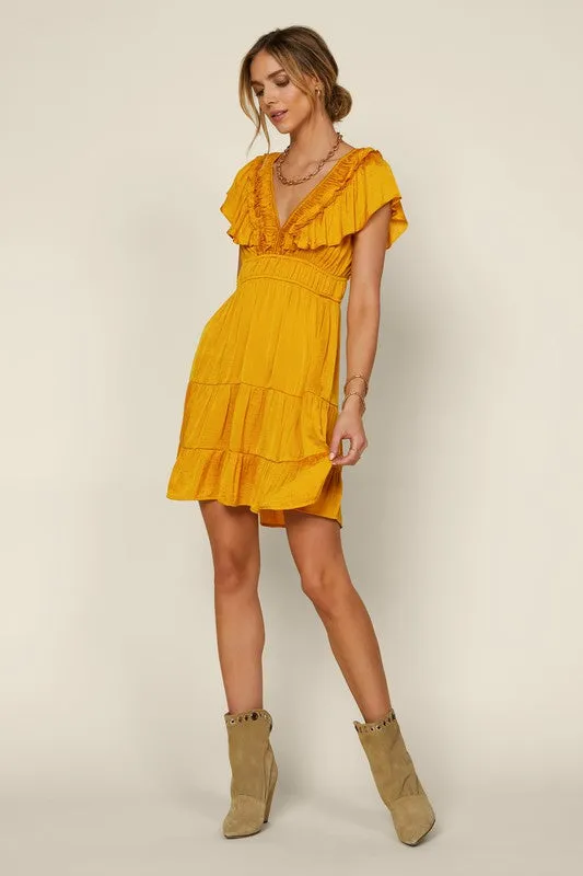 Mustard Short Sleeve Ruffled Trim Back Tie V Neck Dress