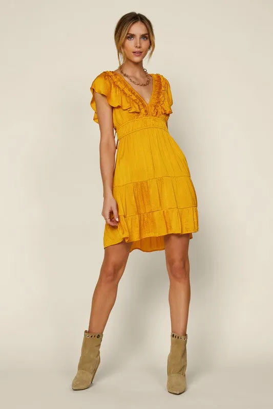 Mustard Short Sleeve Ruffled Trim Back Tie V Neck Dress