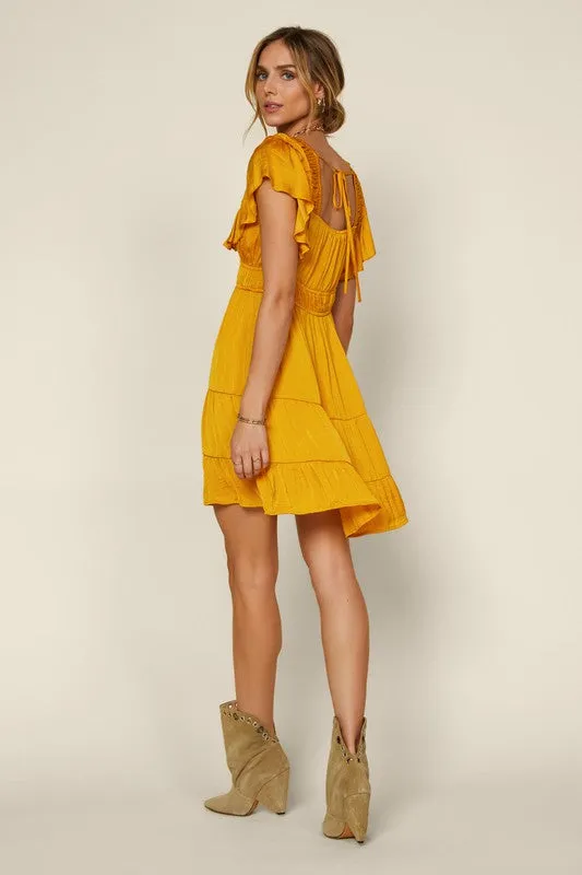 Mustard Short Sleeve Ruffled Trim Back Tie V Neck Dress