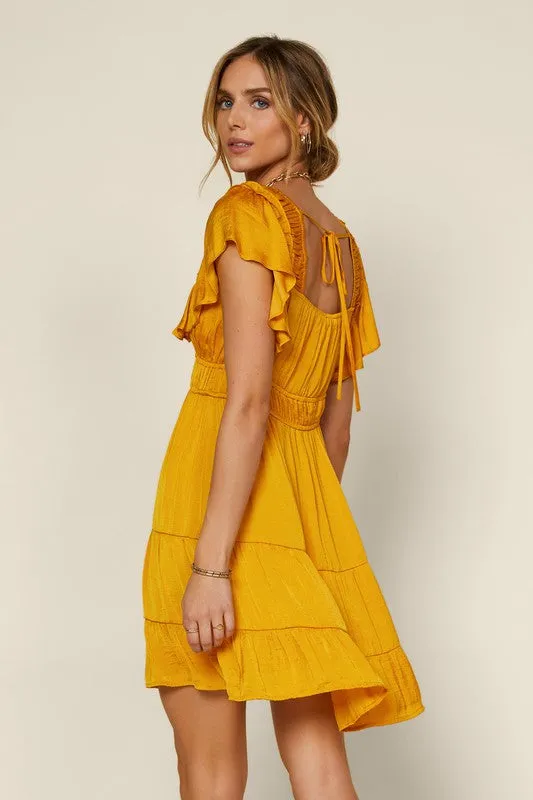 Mustard Short Sleeve Ruffled Trim Back Tie V Neck Dress