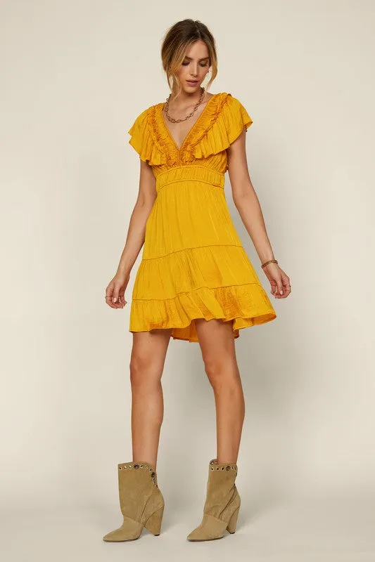 Mustard Short Sleeve Ruffled Trim Back Tie V Neck Dress