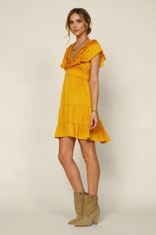 Mustard Short Sleeve Ruffled Trim Back Tie V Neck Dress