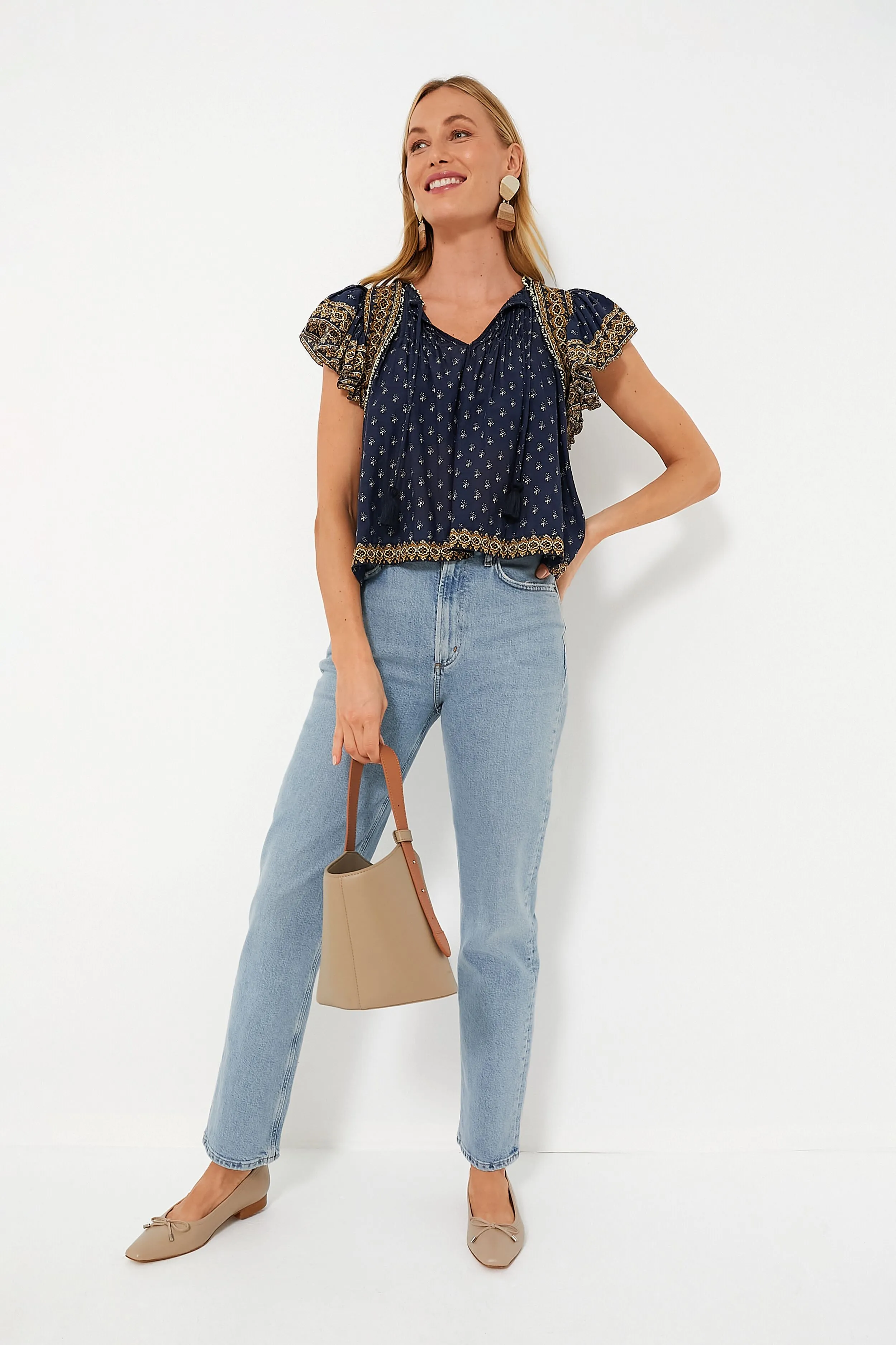Navy Arlita Print Flutter Sleeve Top