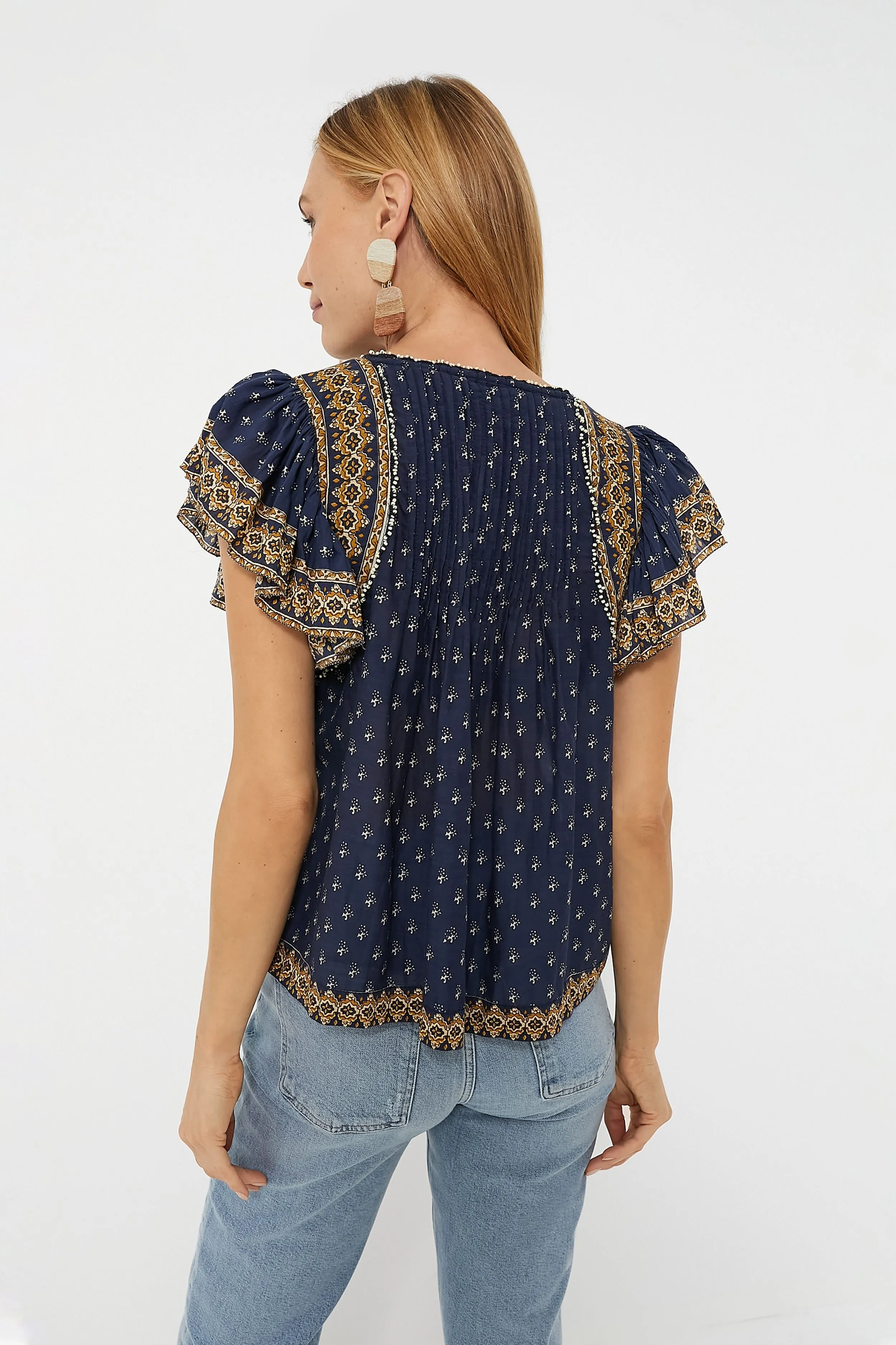 Navy Arlita Print Flutter Sleeve Top