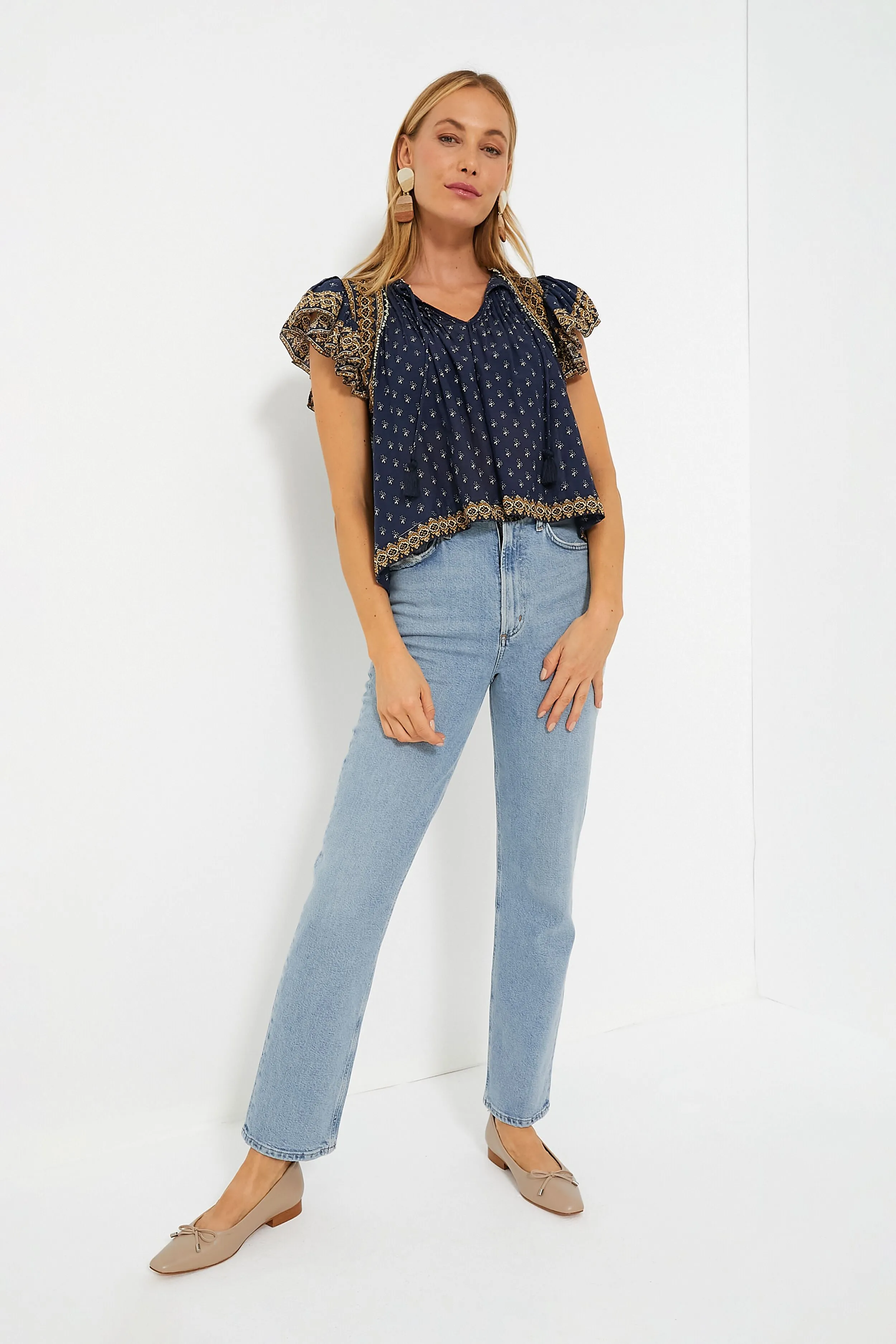 Navy Arlita Print Flutter Sleeve Top
