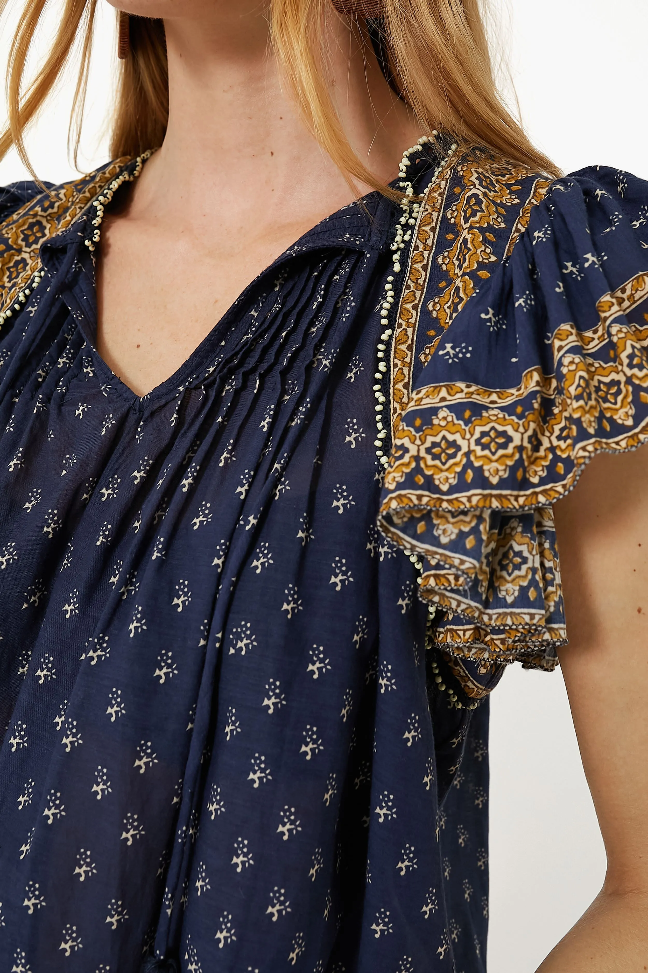 Navy Arlita Print Flutter Sleeve Top