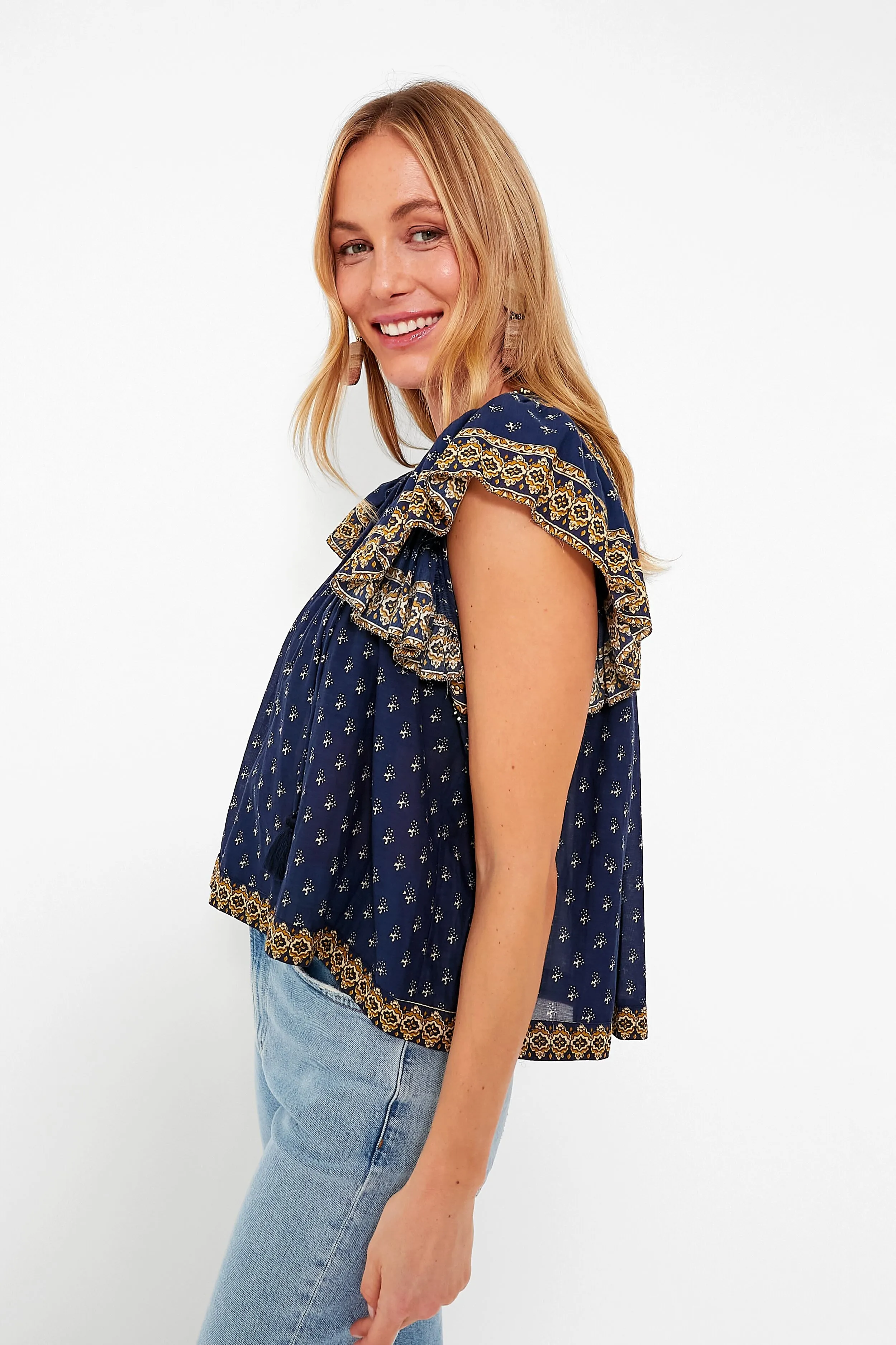 Navy Arlita Print Flutter Sleeve Top