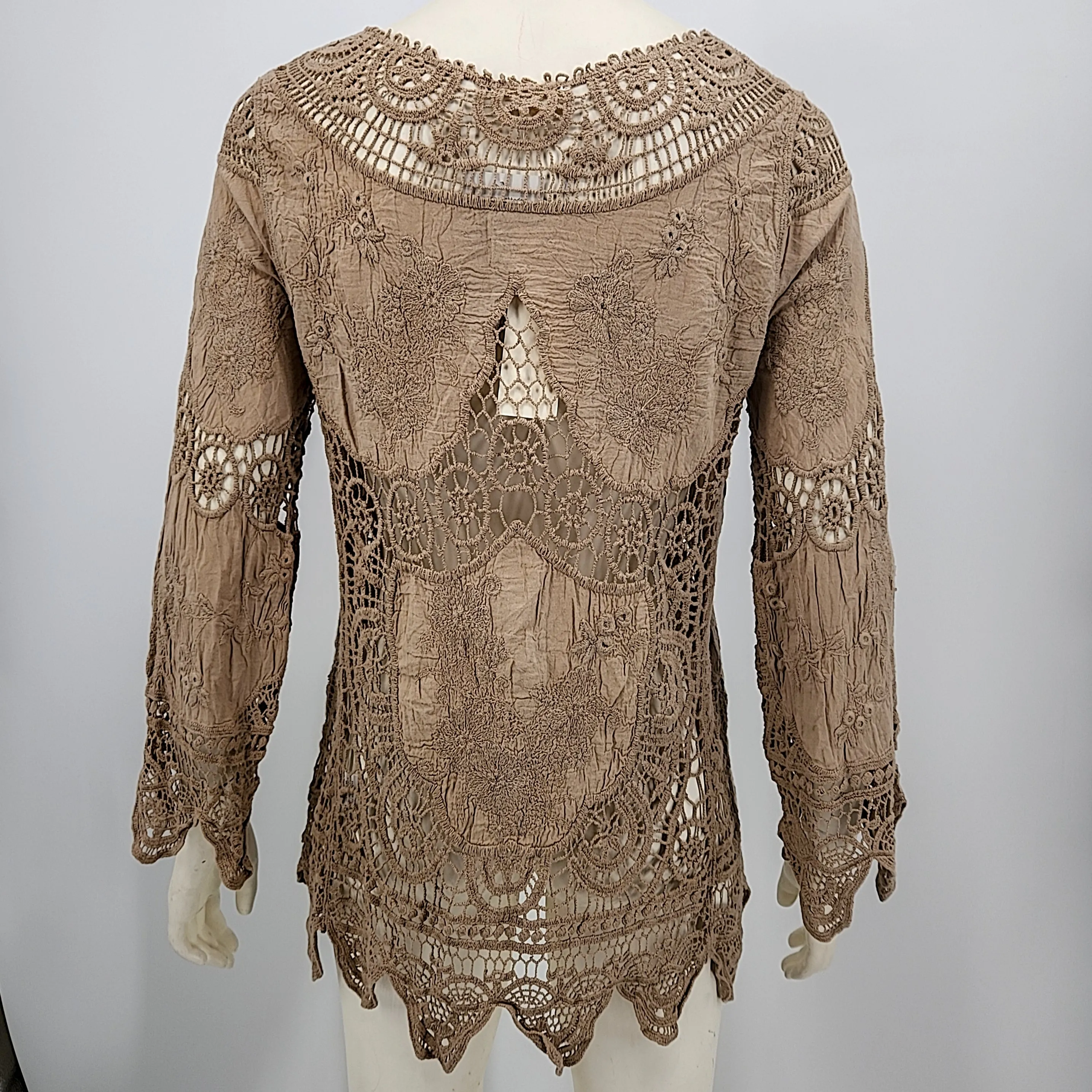 Oddy Boutique Taupe Crochet Long Sleeve Top, Size S/M