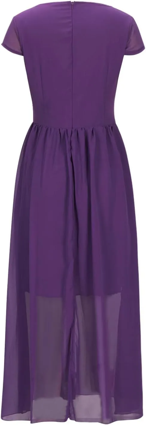 Oplxuo V Neck Long Bridesmaid Dresses Cap Sleeves Pleated Chiffon Formal Evening Prom Gown Plus Size Maxi Dress for Women