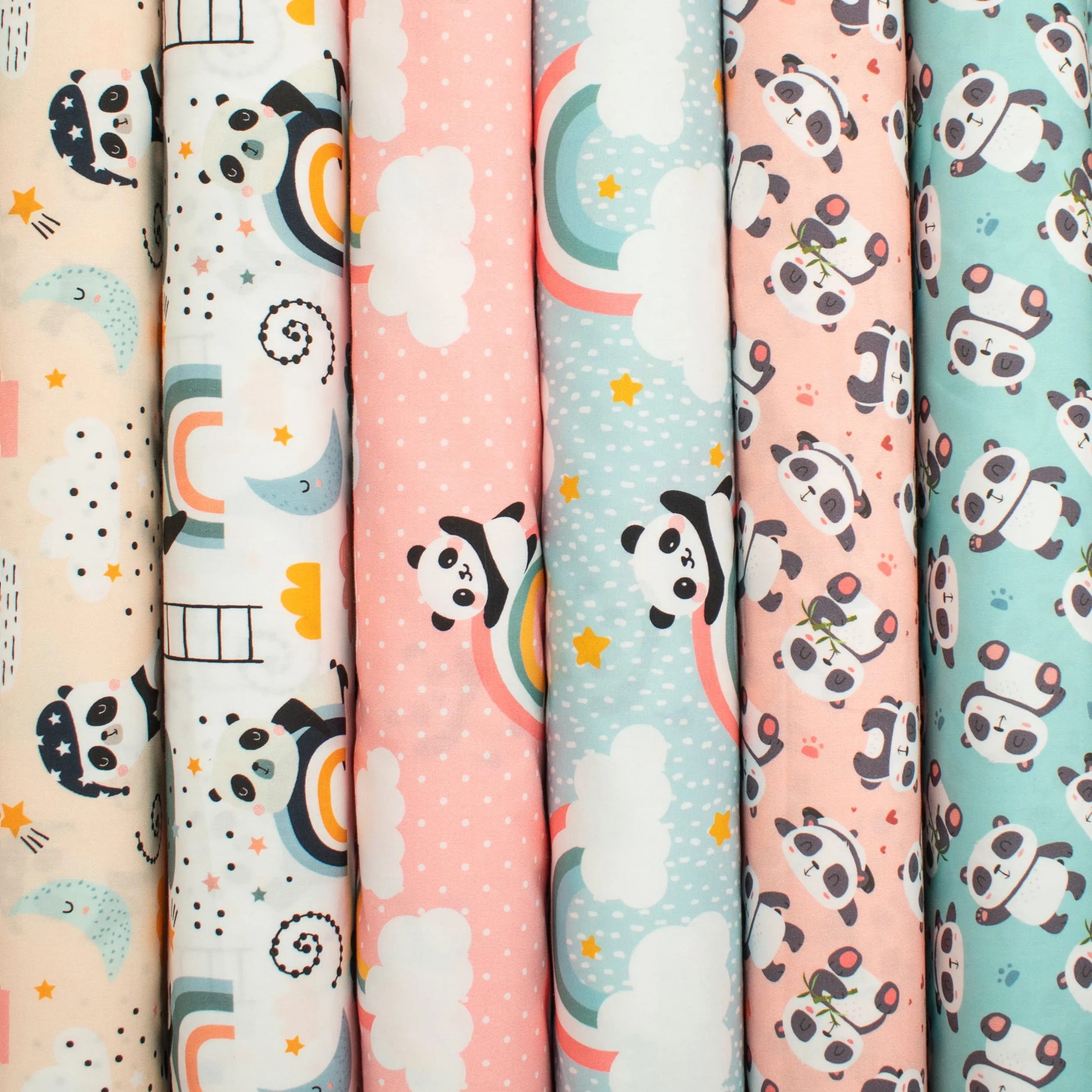 Panda Collection #05 Star, Rainbow & Pandas on Blue Cotton Prints