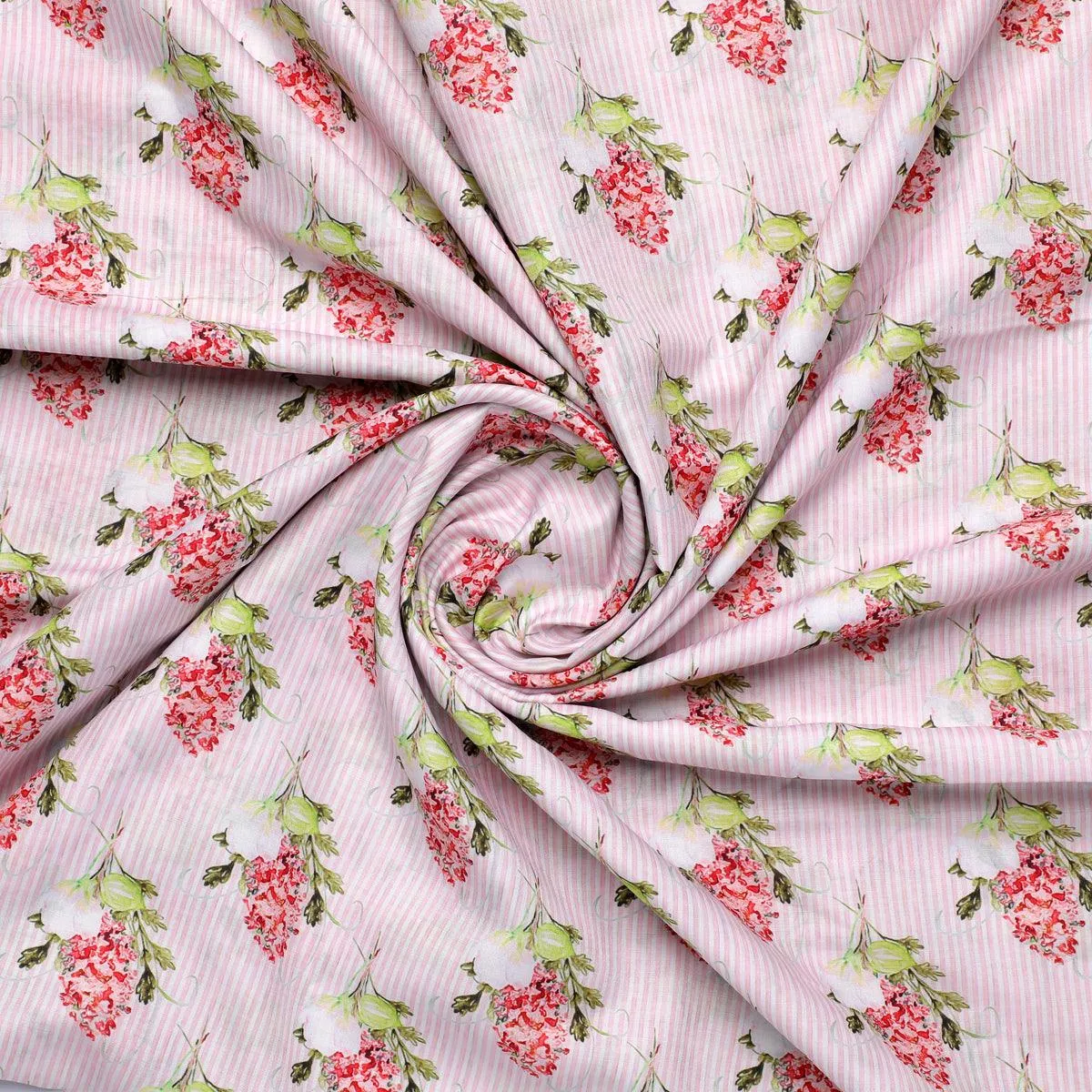 Pink Flower Pack With Stripes Digital Printed Fabric  - Muslin