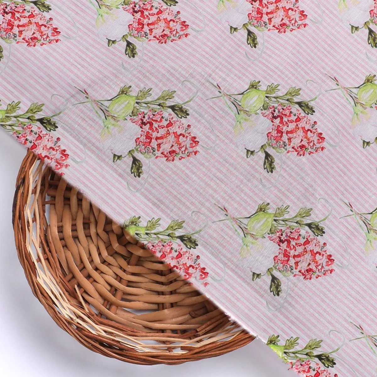 Pink Flower Pack With Stripes Digital Printed Fabric  - Muslin