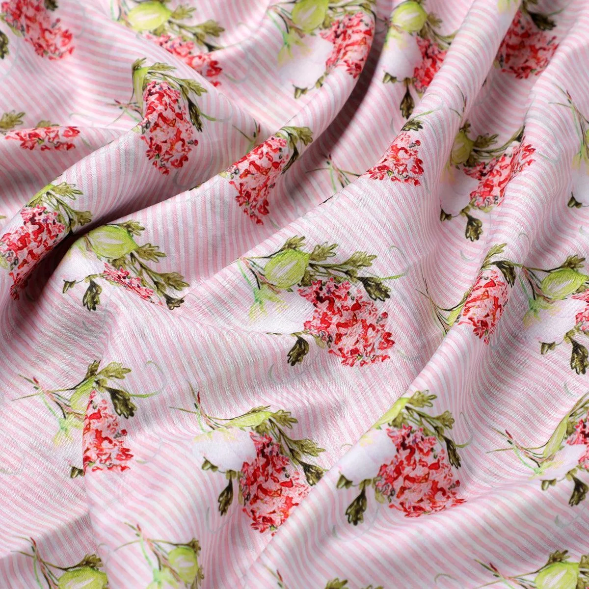 Pink Flower Pack With Stripes Digital Printed Fabric  - Muslin
