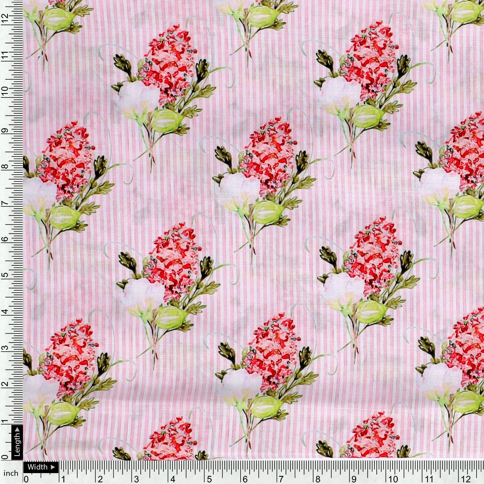 Pink Flower Pack With Stripes Digital Printed Fabric  - Muslin