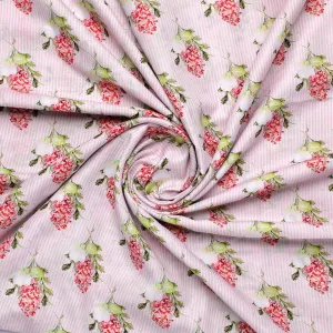 Pink Flower Pack With Stripes Digital Printed Fabric  - Muslin