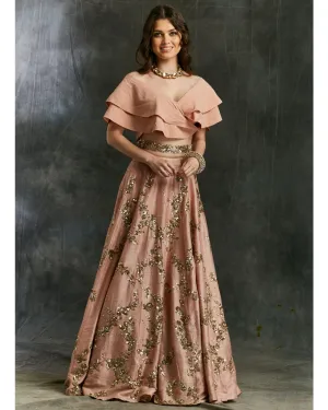 Pink Sequin Jaal Lehenga With Frill Blouse